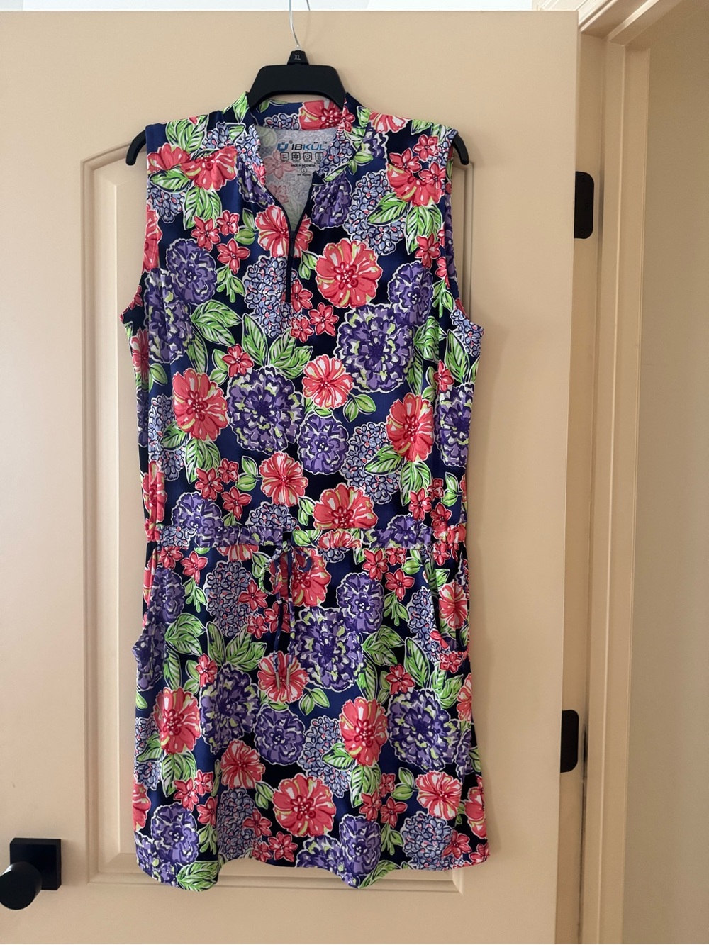 IBKUL Size L Sleeveless Navy Floral Print Dress with Pink & Purple Blooms